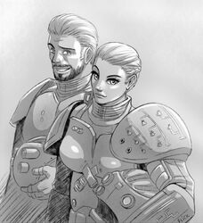  1boy aleksis_kaidanovsky beard bodysuit braid commentary drivesuit english_commentary facial_hair female flick-the-thief french_braid greyscale helmet husband_and_wife monochrome pacific_rim pilot_suit sasha_kaidanovsky short_hair shoulder_pads unworn_headwear unworn_helmet 