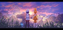  2girls amusement_park animal_ears animal_print backpack bag bare_shoulders black_gloves black_pantyhose blonde_hair blurry carousel cloud cloudy_sky commentary_request depth_of_field elbow_gloves facing_away ferris_wheel from_behind gloves grass hat hat_feather high-waist_skirt highres holding_hands kaban_(kemono_friends) kemono_friends letterboxed lucky_beast_(kemono_friends) multiple_girls outdoors pantyhose pantyhose_under_shorts print_gloves print_skirt print_thighhighs purple_hair roller_coaster scenery serval_(kemono_friends) serval_print shirt short_hair short_sleeves shorts signature skirt sky sleeveless sleeveless_shirt standing sun sun_hat sunset t-shirt tail thighhighs wasabichan white_shirt zettai_ryouiki 