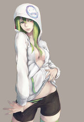  bike_shorts black_panties breasts clothes_pull commentary_request female green_eyes green_hair green_panties green_thighhighs hair_between_eyes hair_over_breasts highres hood jikeshi long_hair medium_breasts no_bra original panties panties_under_shorts shorts shorts_pull simple_background solo standing striped_clothes striped_panties thighhighs underwear 