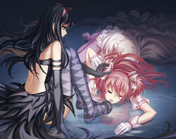  2girls akemi_homura akuma_homura argyle_clothes argyle_legwear back bare_shoulders black_dress black_eyes black_gloves black_hair black_wings bow butt_crack closed_eyes closed_mouth commentary_request dress eyelashes feathered_wings feet foot_worship gloves hair_ribbon hairband hairbow hand_on_another&#039;s_head highres kaname_madoka licking licking_foot long_hair looking_at_another mahou_shoujo_madoka_magica mahou_shoujo_madoka_magica:_hangyaku_no_monogatari multiple_girls no_shoes pink_hair pink_legwear pink_ribbon purple_legwear red_hairband red_ribbon reflection ribbon ripples short_sleeves sitting sky star_(sky) starry_sky streamingsun thighhighs tongue tongue_out two_side_up ultimate_madoka water white_bow white_dress white_gloves wings yuri 