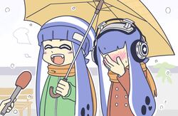  2girls :d ^_^ blue_hair blush bobble-chan_(splatoon) bobblehat closed_eyes commentary_request embarrassed facepalm fangs green_jacket headphone-chan_(splatoon) headphones heart holding holding_microphone holding_umbrella jacket light_blush meme microphone multiple_girls nose_blush open_mouth orange_scarf red_jacket scarf shared_umbrella smile snowing special_feeling_(meme) splatoon_(manga) splatoon_(series) taomeganetao tentacle_hair umbrella yuri 