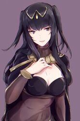  aiueo1234853 bad_id bad_twitter_id black_eyes black_hair bodystocking breasts cape cleavage commentary_request female fire_emblem fire_emblem_awakening highres long_hair medium_breasts parted_lips simple_background solo tharja_(fire_emblem) tiara two_side_up upper_body 