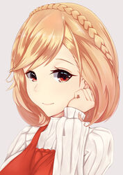  absurdres alternate_costume azur_lane blonde_hair braid casual closed_mouth commentary_request crown_braid eyebrows_hidden_by_hair female grey_background hand_on_own_cheek hand_on_own_face highres light_smile long_sleeves looking_at_viewer photoshop_(medium) portrait prince_of_wales_(azur_lane) red_eyes short_hair simple_background smile solo striped_clothes striped_sweater suzishi_ovo sweater swept_bangs turtleneck turtleneck_sweater white_sweater 