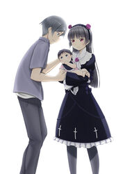  2boys baby black_hair blue_eyes commentary_request couple dress female gokou_ruri good_end gothic_lolita if_they_mated kousaka_kyousuke lolita_fashion long_hair mole mole_under_eye multiple_boys ore_no_imouto_ga_konna_ni_kawaii_wake_ga_nai pantyhose red_eyes roaru_(gyuren) short_hair straight 