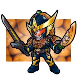  1boy armor belt commentary_request dual_wielding food fruit holding kamen_rider kamen_rider_gaim kamen_rider_gaim_(series) male_focus mask orange_(fruit) orange_arms photoshop_(medium) solo sword weapon yukikaze_(b3) 