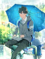  2boys black-framed_eyewear black_pants blue_eyes blue_jacket blue_umbrella book brown_hair commentary_request day edogawa_conan grey_jacket hood hooded_jacket jacket kuroba_kaito looking_at_viewer male_focus meitantei_conan multiple_boys open_book outdoors over-rim_eyewear pants rain ro-a semi-rimless_eyewear umbrella zipper 