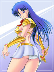  80s 90s armor asou_yuuko ass bangs bare_back belt bikini_armor blue_hair boots breasts female female_warrior from_below game long_hair looking_at_viewer looking_back microskirt midriff miniskirt mugen_senshi_valis neckerchief oldschool panties pantyshot short_skirt shoulder_pads sideboob simple_background skirt solo sword tamanegiinyo telenet_japan underwear valis valis_sword weapon 