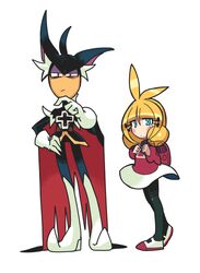  1boy ahoge animal_ears antenna_hair backpack bag bat_ears black_legwear blonde_hair blue_eyes blush_stickers boots cape capelet commentary d-pad draculala_(gashi-gashi) eyelashes female gashi-gashi gloves hand_on_own_hip height_difference knee_boots long_hair original pantyhose pointy_footwear sayaka-chan_(gashi-gashi) shoes skirt sweater twintails white_gloves 