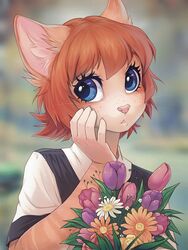  2015 5_fingers anthro blue_eyes bouquet bust_portrait claws clothed clothing digital_media_(artwork) domestic_cat eyebrows eyelashes felid feline felis female fingers flower freckled_face freckles front_view hair heart_symbol inner_ear_fluff iskra looking_at_viewer mammal orange_hair pink_nose plant portrait shaded short_hair simple_background solo tuft vera_(iskra) whiskers 