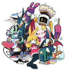  animal_ears antenna_hair ass bat_(animal) bat_ears black_gloves blonde_hair blue_eyes blue_skin blush_stickers broom butt_crack cape character_request colored_sclera colored_skin commentary controller demon_girl draculala_(gashi-gashi) elbow_gloves english_commentary eyelashes game_console game_controller gamepad gashi-gashi gloves green_hair half-closed_eyes highres horns knight_(gashi-gashi) komori_(gashi-gashi) multiple_boys multiple_girls nes one_eye_closed original pantyhose pinky_out purple_hair red_eyes rubber_gloves sayaka-chan_(gashi-gashi) sharp_teeth sitting soap_bubbles sweater teeth television twintails v wariza white_gloves yellow_sclera zigza_(gashi-gashi) 