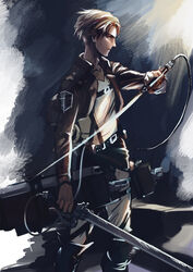  androgynous belt blonde_hair cape commentary_request dual_wielding emblem en_(enxxx) female holding jacket nanaba paradis_military_uniform photoshop_(medium) reverse_trap shingeki_no_kyojin short_hair solo three-dimensional_maneuver_gear wire 