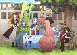  6+girls animal_ears asymmetrical_wings backpack bag beads bench black_hair black_thighhighs blonde_hair blue_eyes blue_hair boots brain_freeze bubble_skirt commentary_request crossed_legs dress eating eyeball food gradient_hair green_eyes green_hair grey_hair hair_bobbles hair_ornament hat hata_no_kokoro hijiri_byakuren hood houjuu_nue ice_shaver jewelry kasodani_kyouko kawashiro_nitori kesa komeiji_koishi kumoi_ichirin long_hair long_sleeves mary_janes mouse_ears multicolored_hair multiple_girls nazrin necklace open_mouth pink_eyes pink_hair plaid plaid_shirt prayer_beads purple_hair red_eyes shaved_ice shirt shoes short_hair short_sleeves sitting skirt smile tail tatara_kogasa themed_object thighhighs third_eye touhou translated tree two_side_up urin very_long_hair wings zettai_ryouiki 