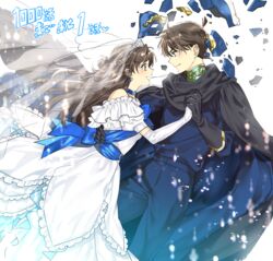  1boy black_gloves blue_bow blue_pants blue_shirt bow bowtie bridal_veil brown_eyes brown_hair choker commentary_request couple dress elbow_gloves eye_contact female floating_hair gloves holding_hands kudou_shin&#039;ichi long_dress long_hair looking_at_another meitantei_conan mouri_ran open_mouth pants ro-a shirt smile straight tiara veil very_long_hair wedding_dress white_dress white_gloves 