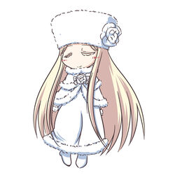  aoki_hagane_no_arpeggio blonde_hair chibi closed_eyes coat commentary_request female fictional_sister hat long_hair musashi_(aoki_hagane_no_arpeggio) solo 