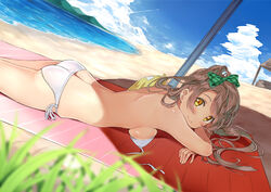  ass back beach bikini blush bow breasts brown_hair chinese_commentary cloud commentary_request day female hairbow long_hair looking_at_viewer love_live! love_live!_school_idol_project lying medium_breasts minami_kotori on_stomach outdoors photoshop_(medium) sand shade shitou_(1992116210) sideboob sky smile solo swimsuit untied_bikini water white_bikini yellow_eyes 