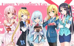  5girls :d ;d aiguillette armband bare_shoulders black_legwear blonde_hair blush box braid company_connection company_name emilia_(krt_girls) english_text gift gift_box hair_ornament happy_valentine heart-shaped_box highres hika_(cross-angel) incoming_gift japanese_clothes krt_girls kuuki_shoujo long_hair low_twintails magi_in_wanchin_basilica multiple_girls necktie nun one_eye_closed open_mouth pantyhose pencil_skirt pink_hair ribbon-trimmed_clothes ribbon_trim sergestid_shrimp_in_tungkang skirt smile the_personification_of_atmosphere twin_braids twintails uniform valentine vest xiao_ma xiao_qiong xuan_ying 