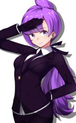  anabel_(pokemon) arm_up black_gloves black_jacket black_necktie black_ribbon blunt_bangs breasts closed_mouth collared_shirt commentary_request cowboy_shot female formal gloves hair_ribbon hand_on_forehead hand_on_own_hip hesumi highres jacket long_hair long_sleeves looking_at_viewer low_ponytail medium_breasts necktie pokemon pokemon_sm purple_eyes purple_hair purple_lips ribbon shadow shirt simple_background smile solo standing suit tareme very_long_hair white_background wing_collar 