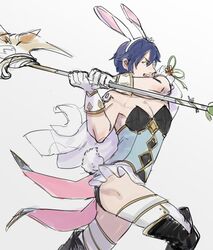  1boy animal_ears chrom_(fire_emblem) cosplay crossdressing fire_emblem fire_emblem_awakening fire_emblem_heroes highres holding lucina_(fire_emblem) lucina_(fire_emblem)_(cosplay) lucina_(spring)_(fire_emblem) male_focus male_playboy_bunny playboy_bunny protected_link rabbit_ears simple_background staff vwyn19 white_background 