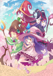  4girls alternate_costume alternate_hair_color alternate_hairstyle animal_ears baron_nashor bittersweet_lulu bloomers blue_hair commentary_request dragon_trainer_lulu dress drill_hair ears_through_headwear flower fred04142 green_eyes hat league_of_legends long_hair lulu_(league_of_legends) mask multiple_girls open_mouth petals purple_hair ribbon staff underwear wicked_lulu witch_hat yellow_eyes yordle 