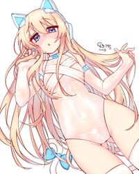  animal_ears arm_at_side ass_visible_through_thighs blonde_hair blue_eyes blush bodysuit bow breasts cat_ears cat_tail character_name chestnut_mouth commentary_request covered_navel cowboy_shot dutch_angle elbow_gloves female fingerless_gloves fingernails from_below girls&#039;_frontline gloves hair_between_eyes hand_in_own_hair headphones highres ice_s_s_z korean_commentary long_hair looking_at_viewer open_mouth simple_background skin_tight small_breasts solo standing tail tail_bow tail_ornament thighhighs thighs tmp_(girls&#039;_frontline) very_long_hair white_background white_thighhighs yellow_eyes 