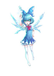  absurdres blue_bow blue_eyes blue_hair bow cirno commentary female fuuko_chan hairbow highres ice ice_wings photoshop_(medium) short_hair simple_background solo thighhighs touhou white_background wings 