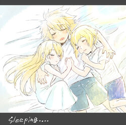  2boys arc_system_works artist_request blazblue blazblue:_calamity_trigger blonde_hair brother_and_sister brothers dress family female hand_holding kisaragi_jin lolicon long_hair multiple_boys ragna_the_bloodedge saya_(blazblue) shirt short_hair siblings sleeping susu_(susuhako) white_dress white_shirt younger 