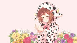  animal_ears animal_print blush bow brown_background brown_hair closed_eyes closed_mouth commentary_request cow_ears cow_girl cow_hood cow_horns cow_print female fingernails flower hair_flower hair_ornament hands_up highres hood hoodie horns long_sleeves makiaato nail_polish original pink_bow pink_flower pink_nails purple_flower red_flower red_rose rose simple_background smile solo striped striped_bow white_flower yellow_flower 