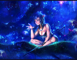  agnidevi alternate_breast_size alternate_skin_color avatar_(2009_film) blue_eyes blue_hair blue_theme blurry branch breasts cleavage depth_of_field english_commentary feathers feline female forest highres humanization james_cameron&#039;s_avatar jewelry large_breasts letterboxed nature necklace neytiri night photoshop_(medium) pointy_ears polearm scenery science_fiction seed sitting smile solo spear tree weapon 