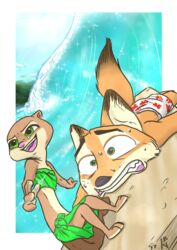  2017 anthro bodily_fluids canid canine clothed clothing cloud disney duo female fox fur grass_skirt green_eyes hi_res ittybittykittytittys kris_(zootopia) lying male mammal mustelid nick_wilde on_front open_mouth open_smile otter scared size_difference sky smile standing summer surfboard surfing sweat sweatdrop vehicle water watercraft wave zootopia 