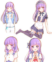  :d :o ^_^ aikatsu! aikatsu!_(series) alternate_costume alternate_hairstyle apron arm_support black_hairband black_shirt black_skirt black_thighhighs blue_ribbon closed_eyes closed_mouth commentary_request enmaided female frilled_apron frilled_hairband frills hair_ribbon hairband highres hikami_sumire jacket long_hair low_twintails maid makiaato multiple_views no_shoes open_mouth own_hands_together pants parted_lips pleated_skirt puffy_short_sleeves puffy_sleeves purple_eyes purple_hair raglan_sleeves ribbon ribbon-trimmed_hairband school_uniform shirt short_sleeves simple_background skirt smile starlight_academy_school_uniform steepled_fingers thighhighs track_jacket track_suit twintails very_long_hair waist_apron white_apron white_background white_pants white_shirt 