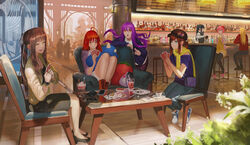  6+girls :d a_hat_in_time aged_up ahoge aqua_eyes badeline badge bag bar_(place) bar_stool bartender black_footwear black_hair black_skirt black_thighhighs blonde_hair blush_stickers boots bottle bracelet brown_eyes brown_footwear brown_hair button_badge cabbie_hat card celeste_(video_game) cellphone chair character_request closed_eyes closed_mouth colored_sclera commentary cross-laced_footwear crossover cup cushion dark_persona denim doki_doki_literature_club dress drink drinking_straw dual_persona earrings english_commentary ex-trident food fork fruit furrowed_brow glass hair_between_eyes hair_ribbon hat hat_kid high_heels highres holding ice_cream indoors jeans jewelry jill_stingray leaning_forward long_hair long_sleeves madeline_(celeste) monika_(doki_doki_literature_club) multiple_girls necklace open_mouth orange_sclera pants parted_lips pencil_skirt phone pink_hair plant plate playing_card pointing ponytail profile purple_hair raglan_sleeves red_hair ribbon saucer sayori_(doki_doki_literature_club) shirt shoes short_hair short_sleeves sitting skirt smartphone smile stool strawberry stuffed_animal stuffed_toy sundae sweatdrop table teacup thighhighs twintails v-shaped_eyebrows va-11_hall-a watch white_ribbon white_shirt wooden_floor wristwatch yellow_dress 