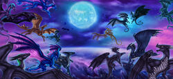  ambiguous_gender blue_body blue_scales blue_skin caelthar ciradis claws curved_horn desertyrain_minrok detailed_background digital_media_(artwork) dracarna dragon feral flying fur furred_dragon furred_scalie group hair hi_res horn mazrogal membrane_(anatomy) membranous_wings mirnehviir moon mythological_creature mythological_scalie mythology night open_mouth outside purple_eyes qtho scales scalie selianth selianth_(character) spines tail teeth tiger_(norua) tongue torian_(nimorga) wings zheeran 