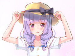  aikatsu! aikatsu!_(series) arms_up black_bow black_ribbon blue_ribbon blush bow braid commentary_request female hair_ribbon hands_on_headwear hat hat_bow hat_ribbon hikami_sumire long_hair looking_at_viewer low_twintails makiaato parted_lips purple_eyes purple_hair ribbon shirt short_sleeves solo sun_hat twin_braids twintails white_shirt 