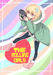  blonde_hair braid commentary_request coupe50 female gas_mask highres legs_apart mask misono_chiaya red_eyes solo the_rolling_girls twin_braids 