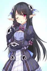  anette_(pso2) black_hair braid cleavage_cutout clothing_cutout commentary_request cowboy_shot female frilled_sleeves frills gloves gradient_background hair_ornament highres long_hair one_eye_closed open_mouth phantasy_star phantasy_star_online_2 pointy_ears red_eyes sogaya solo 