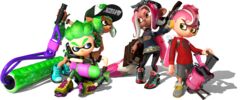  .52_gal_(splatoon) 2boys 2girls 3d dark_skin frown head_scarf headphones inkling inkling_boy inkling_girl inkling_player_character looking_at_another multiple_boys multiple_girls octobrush_(splatoon) octoling octoling_boy octoling_girl octoling_player_character official_art pointy_ears sitting smile splat_roller_(splatoon) splatoon_(series) splatoon_2 splattershot_(splatoon) tan tentacle_hair transparent_background weapon 