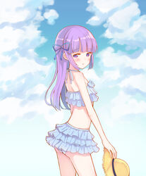  absurdres aikatsu! aikatsu!_(series) ass bare_arms bare_shoulders bikini blue_bikini blue_ribbon blue_sky blush cloud cloudy_sky commentary_request day female frilled_bikini frills hair_ribbon halterneck hat highres hikami_sumire holding holding_clothes holding_hat long_hair looking_away looking_down looking_to_the_side makiaato outdoors purple_eyes purple_hair ribbon sidelocks sky solo straw_hat swimsuit unworn_hat unworn_headwear very_long_hair 