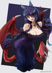  :d animal_ears animal_hands black_hair blush breasts claws cleavage commentary_request demon_wings female hair_over_one_eye heart large_breasts long_hair manticore_(monster_girl_encyclopedia) monster_girl monster_girl_encyclopedia oerba_yun_fang open_mouth photoshop_(medium) prehensile_tail red_eyes red_wings reri_(elh) smile solo sud_(sudea) tail wings 