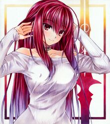  arms_up bad_id bad_pixiv_id bare_shoulders breasts choker collarbone commentary_request covered_nipples fate/grand_order fate_(series) female jewelry large_breasts long_hair long_sleeves looking_at_viewer marker_(medium) millipen_(medium) necklace partial_commentary purple_hair red_eyes scathach_(fate) solo traditional_media yuto_takumi 