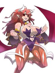  bat_wings blush breasts cleavage collar commentary_request demon_girl demon_horns disgaea fangs female horns kuma_(kumakuma5) la_pucelle large_breasts maou_prier open_mouth pantyhose prier red_eyes red_hair revealing_clothes simple_background solo white_background wide_hips wings 