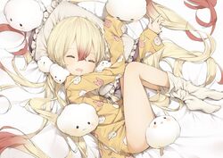  animal_print bed_sheet blonde_hair brown_hair closed_eyes commentary_request drooling female frilled_pillow frills full_body gradient_hair hair_between_eyes long_hair long_sleeves loose_socks lying mabuta_(byc0yqf4mabye5z) mahou_shoujo_ikusei_keikaku mahou_shoujo_ikusei_keikaku_unmarked multicolored_hair nemurin no_shoes on_side open_mouth pajamas pillow print_pajamas print_shirt rabbit_print saliva shirt sleeves_past_wrists socks solo very_long_hair white_socks yellow_pajamas yellow_shirt 