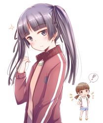  ! 2girls alternate_hairstyle black_eyes black_hair blunt_bangs blush brown_eyes brown_hair commentary_request gokou_hinata gokou_ruri jacket long_hair looking_at_viewer low_twintails mole mole_under_eye multiple_girls ore_no_imouto_ga_konna_ni_kawaii_wake_ga_nai siblings sisters spoken_exclamation_mark takatsuki_akira track_jacket twintails 