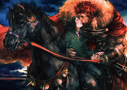  2boys armor beard black_hair book bucephalus_(fate) cape commentary_request facial_hair fate/zero fate_(series) horse iskandar_(fate) multiple_boys photoshop_(medium) realistic red_hair tears ttakuann waver_velvet 