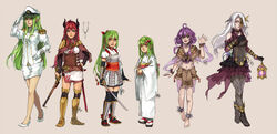  2015 6+girls anklet armor barefoot blue_eyes borrowed_character c-r-y-s capelet cecilia_(acerailgun) commentary commission crop_top english_commentary epaulettes erica_(acerailgun) fingerless_gloves ghost gloves greaves green_eyes green_hair gun high_heels highres horns isabelle_(acerailgun) japanese_clothes jewelry katana kimono lantern long_hair midriff multiple_girls navel original pointy_ears purple_hair red_hair rifle rynn_(acerailgun) sheath signature simple_background sword uniform very_long_hair waving weapon white_hair witch yellow_eyes 