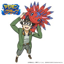  1boy black_hair blue-framed_eyewear blue_eyes brown_eyes brown_footwear claws commentary_request company_name creature creature_on_head digimon digimon_(creature) digimon_rearise elecmon green_jacket grey_legwear grey_shirt grey_shorts headphones headphones_around_neck jacket logo looking_at_viewer nakatsuru_katsuyoshi official_art open_mouth orange_headphones shirt shoes shorts simple_background smile socks tamada_keito watermark white_background 