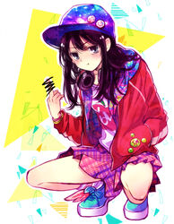  :t black_hair censored commentary female hand_in_pocket hat headphones headphones_around_neck hood hood_down hooded_jacket jacket kamen_rider kamen_rider_ex-aid_(series) long_hair looking_at_viewer middle_finger peaked_cap photoshop_(medium) pointless_censoring pout saiba_niko solo squatting sunako_(sunako2) 