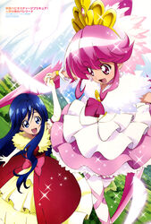  2girls absurdres aino_megumi blue_eyes blue_hair brooch cure_lovely elbow_gloves feathers gloves happinesscharge_precure! heart heart_brooch highres imageboard_desourced jewelry long_hair multiple_girls non-web_source official_art oota_kazuhiro open_mouth pink_eyes pink_hair precure super_happiness_lovely thighhighs tsumugi_(happinesscharge_precure!) wings 