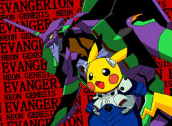  blush_stickers bodysuit commentary_request copyright_name cosplay cowboy_shot eva_01 horns ikari_shinji ikari_shinji_(cosplay) interface_headset mecha neon_genesis_evangelion no_humans open_mouth pikachu plugsuit pokachuu pokemon pokemon_(creature) red_background robot single_horn 