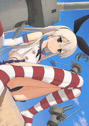  abyssal_ship ass bare_shoulders black_panties blonde_hair blush collarbone commentary_request elbow_gloves female gloves hair_ribbon highleg highleg_panties highres kantai_collection long_hair looking_at_viewer microskirt mocha_(snowflake) open_mouth panties photoshop_(medium) pleated_skirt rensouhou-chan ribbon ro-class_destroyer sailor_collar shimakaze_(kancolle) sitting skirt solo striped_clothes striped_thighhighs thighhighs underwear white_gloves 