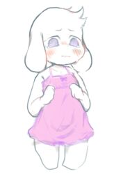  2017 anthro asriel_dreemurr barefoot biped blush bodily_fluids boss_monster_(undertale) bovid caprine clothed clothing conditional_dnp crossdressing crybleat crying dress feet femboy fur hi_res long_ears male mammal simple_background solo tears undertale undertale_(series) white_body white_fur young 